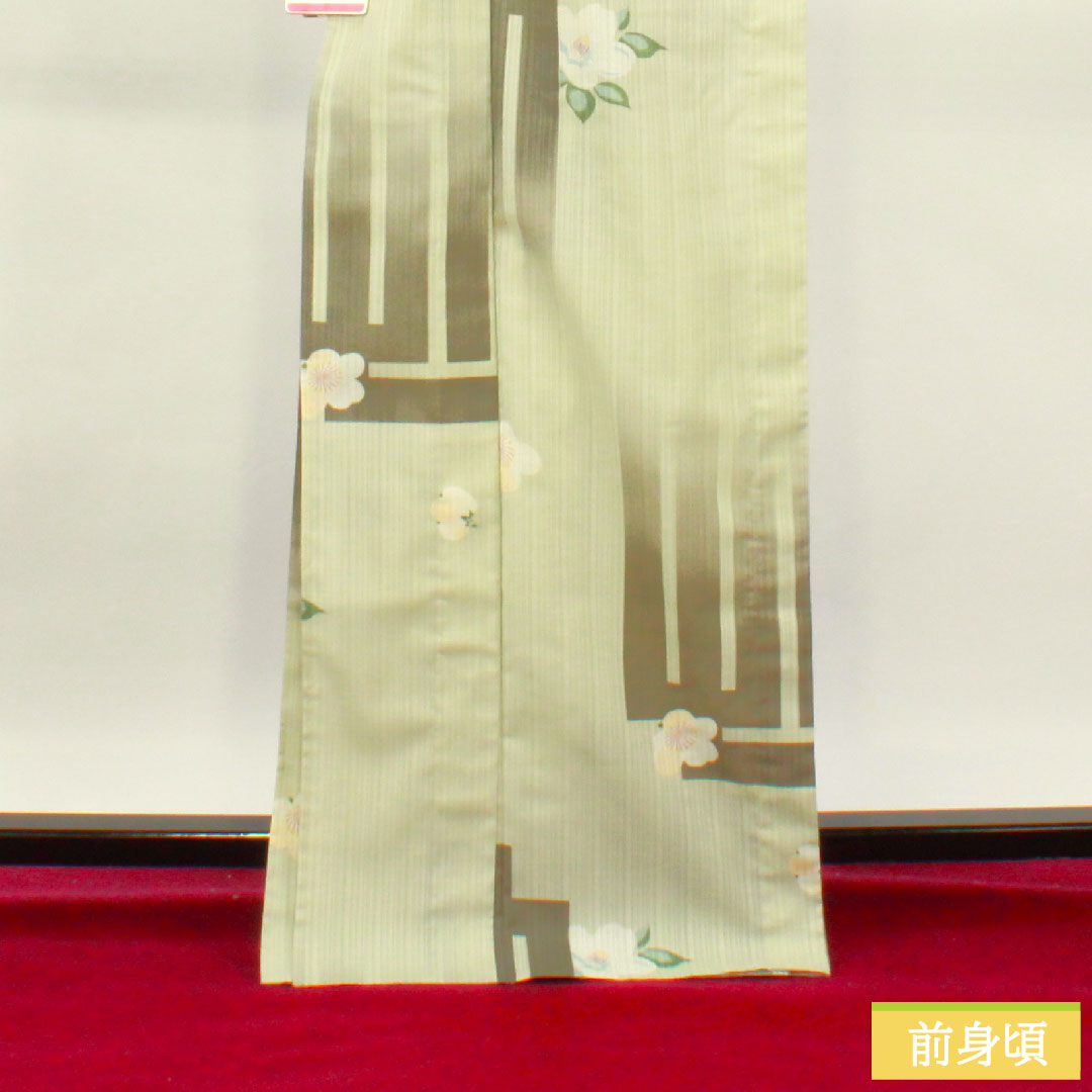 夏物 ポリエステル 小紋 身丈169cm 裄丈68cm 薄緑色（うすみどりいろ） 洗える着物 梅 椿 紗 Sランク 緑系 1132001872519