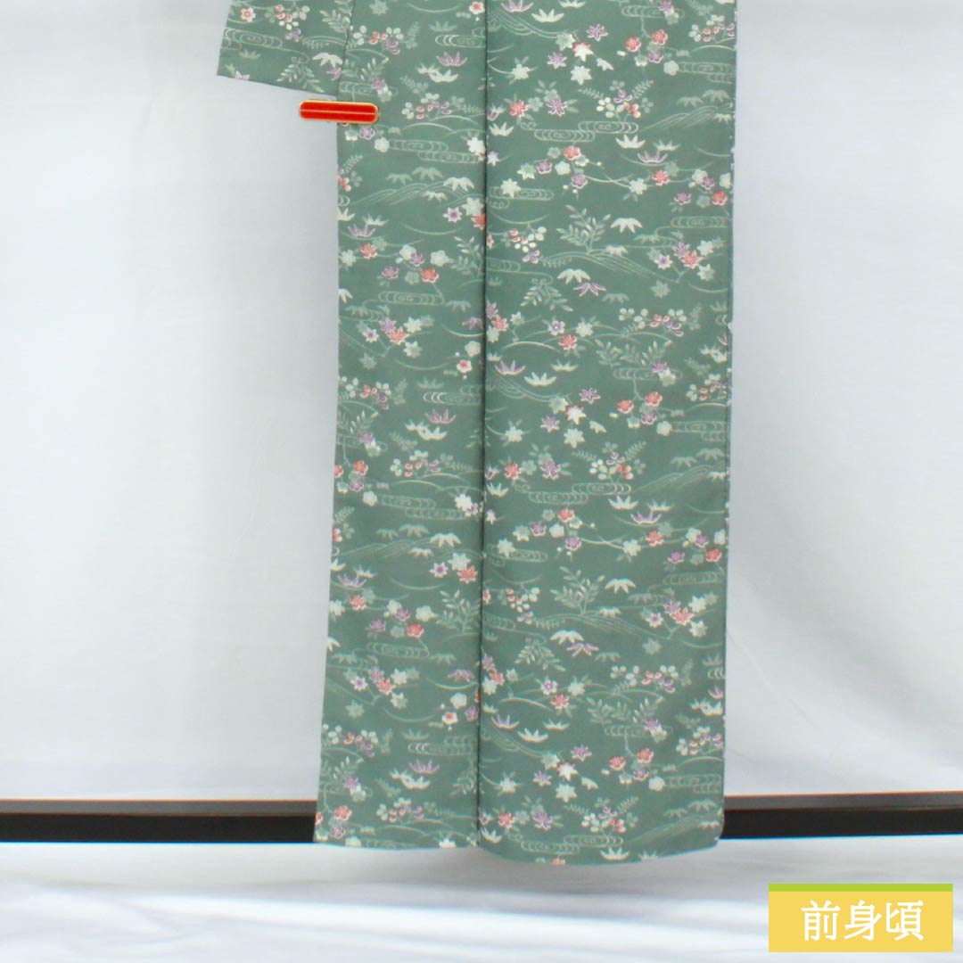小紋 ポリエステル 身丈158.5cm 裄丈63cm 袷 山藍摺色（やまあいずりいろ） 洗える着物 草木模様 Aランク 緑系 1115005143319
