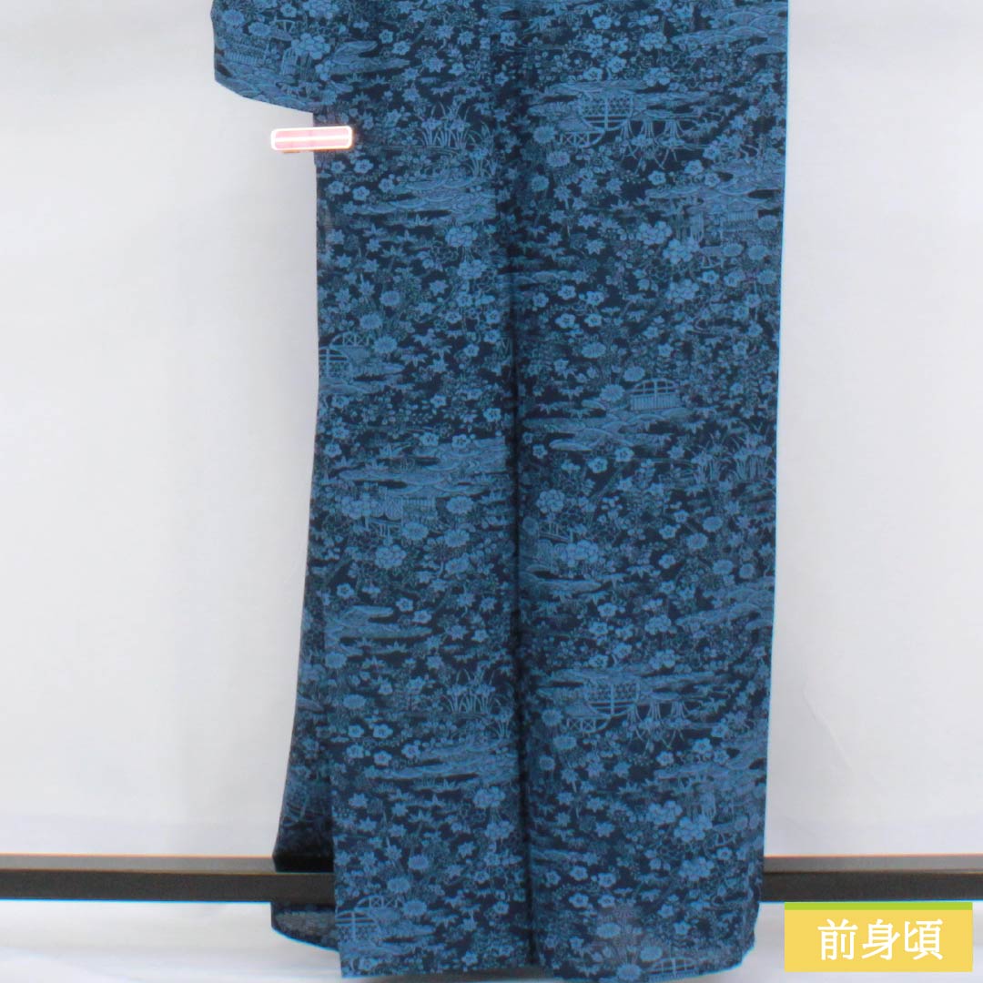 Summer pure silk komon kimono, length 162cm, sleeve length 68cm, dark navy blue (noukon-iro), classic pattern, stencil dyed, ro, S rank, navy blue, 1132002782418