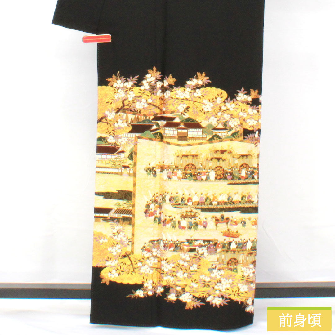 Black formal kimono, pure silk, length 162.5cm, sleeve length 69cm, lined, Kyoto Yuzen, feudal lord procession, artist work, Matsuo Korin, five crests, circle with four corners, A rank, black, 1111001603410