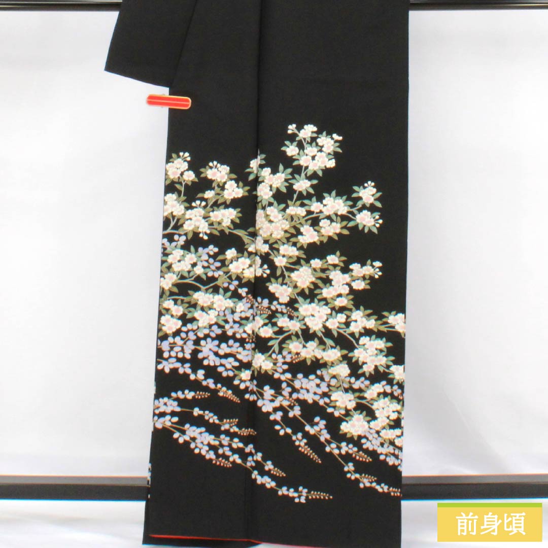 訪問着 ポリエステル Aランク 袷 身丈165.5cm 裄丈66cm 草木 洗える着物 黒系 1112006483510