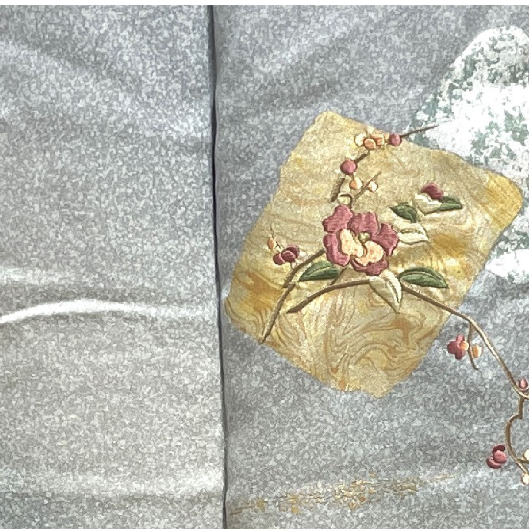 訪問着 袷 身丈149.5cm 裄丈62cm 白銅色 刺繡 金彩 草花模様 正絹 Bランク グレー系 1112001794122