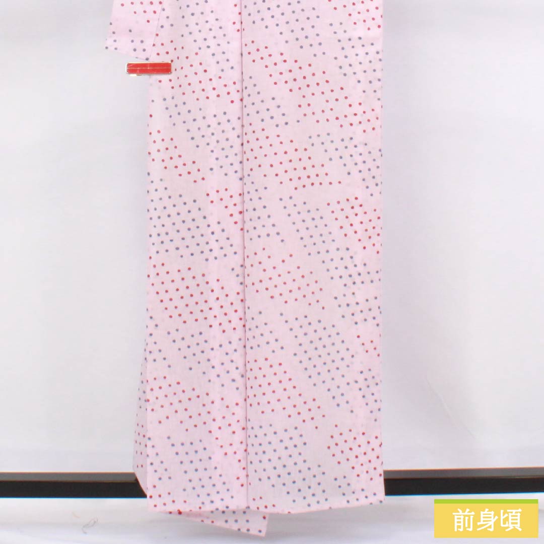 夏物 ポリエステル 小紋 身丈158cm 裄丈64cm 白梅色（しらうめいろ） ドット柄 刺繍 洗える着物 紗 Sランク ピンク系 1132002562313