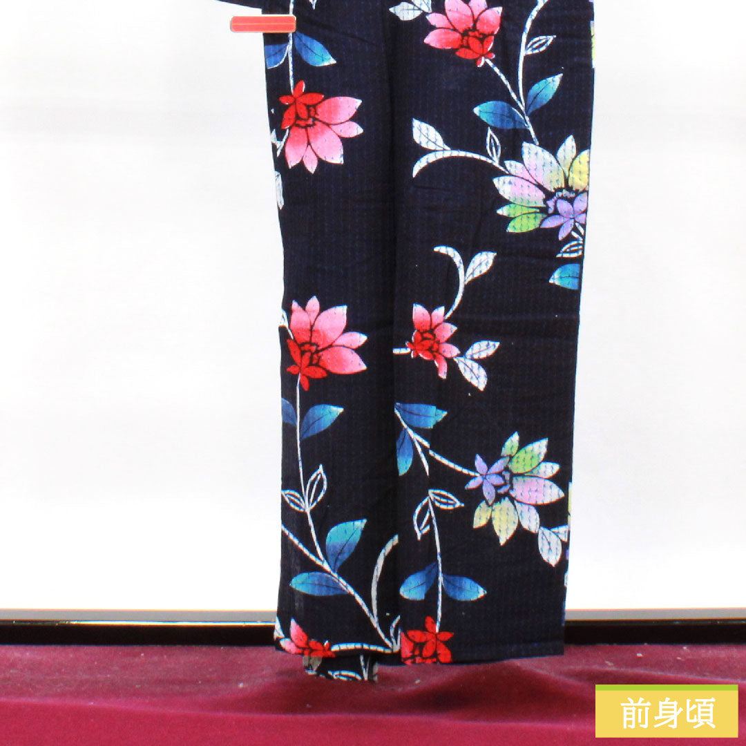 Yukata Cotton Length 158cm Sleeve length 61.5cm S rank Single layer Navy Deep navy Abstract flower 1118004862318