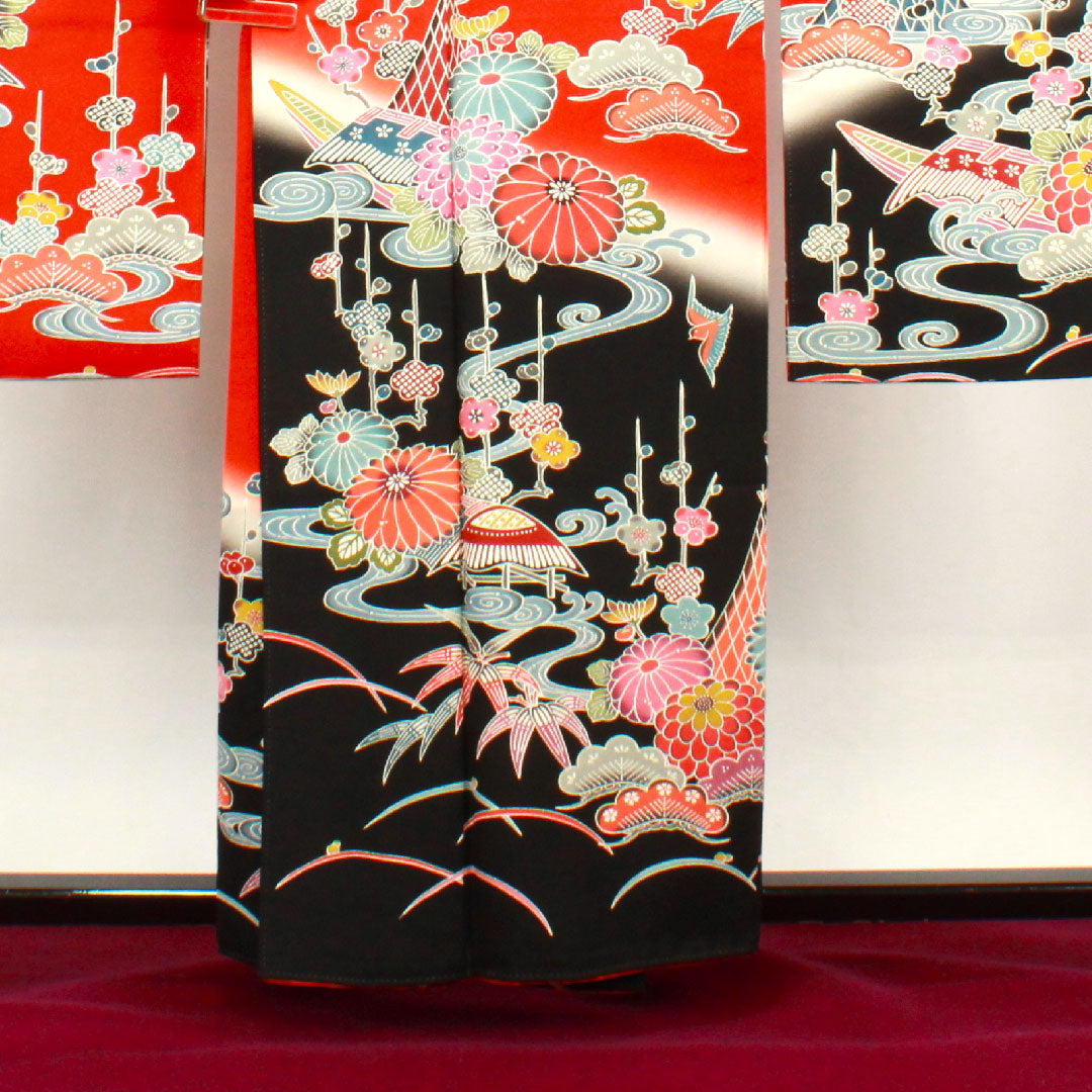 振袖 身丈158cm 裄丈66cm 袷  緋色 京紅型 松竹梅 菊 鳥 吉祥文様  正絹 Sランク 赤系 1113001602312