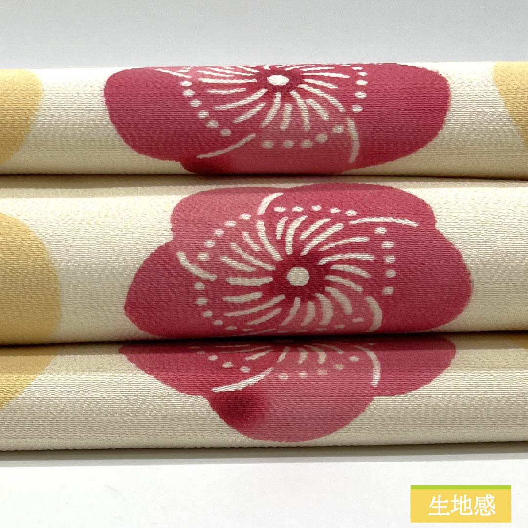 名古屋帯 生成り色（きなりいろ） 型染 ちりめん地 ねじり梅 帯丈360cm 正絹 Sランク 全通 カジュアル クリーム系 1124007702315 名古屋仕立て