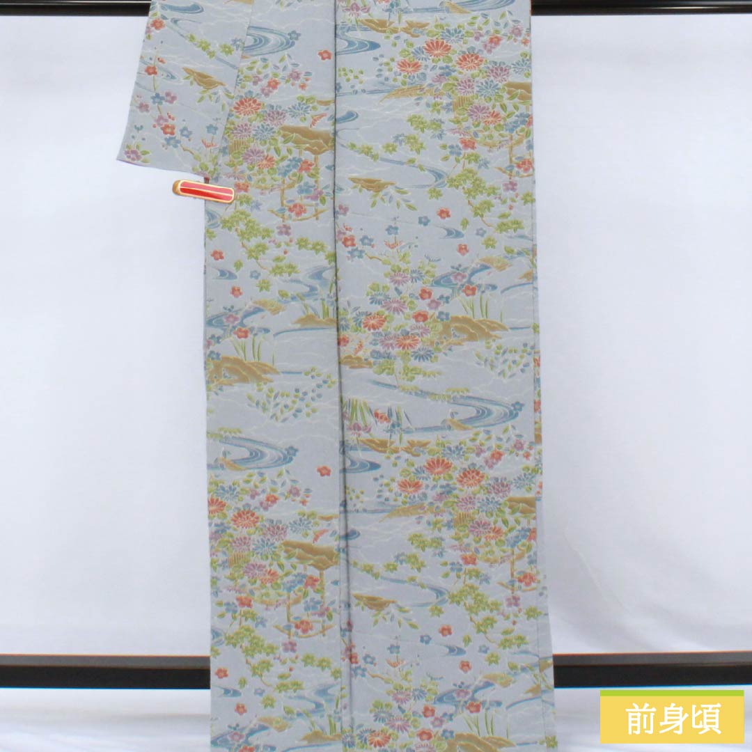 小紋 ポリエステル Sランク 身丈166cm 裄丈66cm 袷 青袋鼠色（せいたいねずいろ） 流水 花 洗える着物  水色系 1115007392524