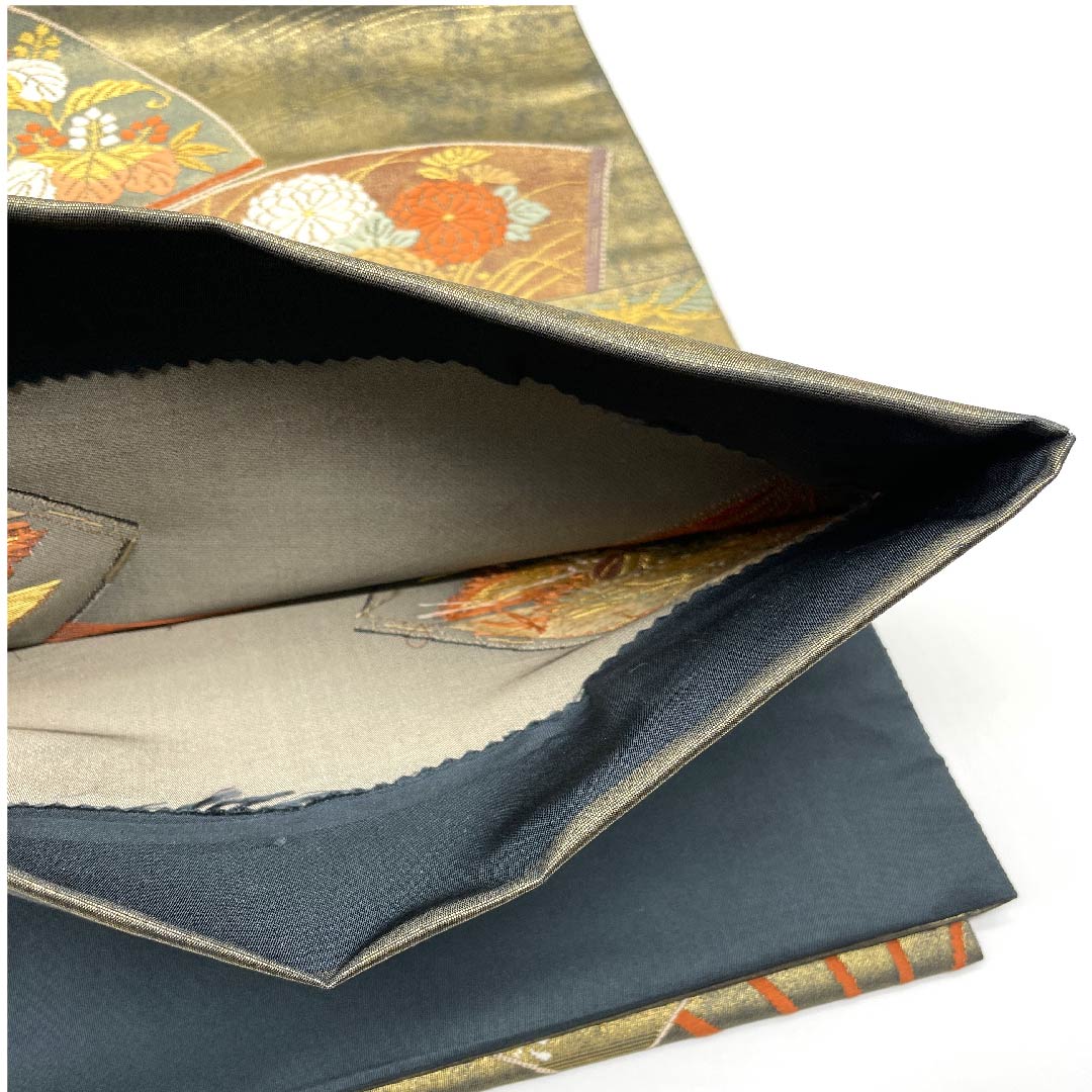 （未仕立）袋帯 金色 扇面 花模様 帯丈443cm 正絹 Sランク 六通 フォーマル 金系 1123005932321