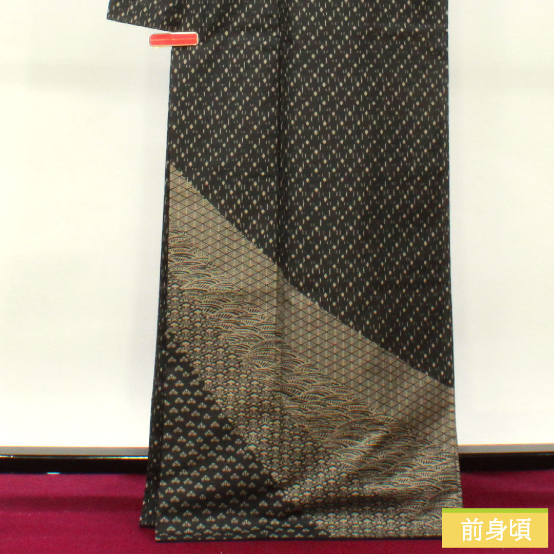 Homongi, pure silk, lined, length 167.5cm, sleeve length 69.5cm, pongee fabric, dyed Oshima, geometric pattern, Kirara Guard, S rank, black, 1112003582510