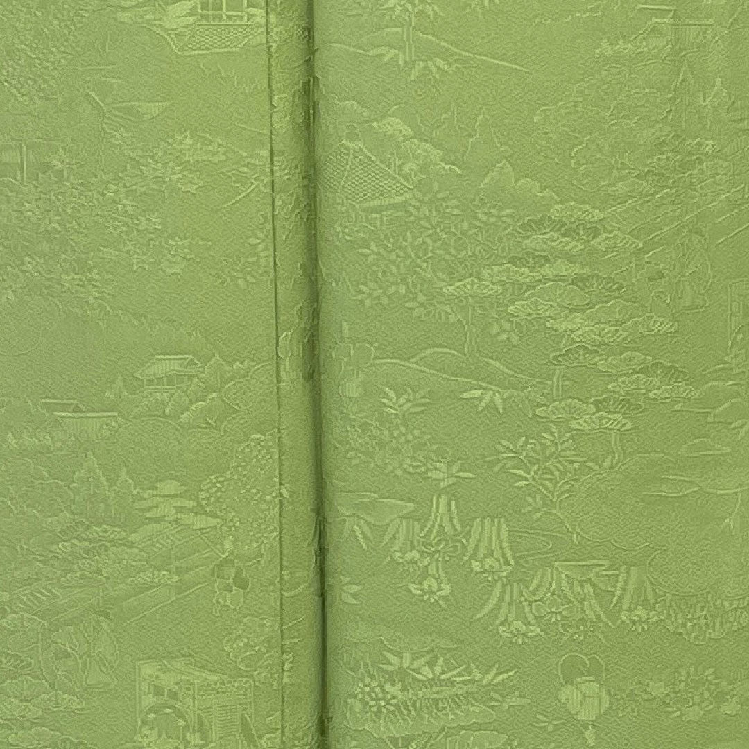 色無地 寿光織 時代人物風景模様 剣片喰  身丈164cm 裄丈66cm 袷  正絹 Sランク 緑系 1114000292319