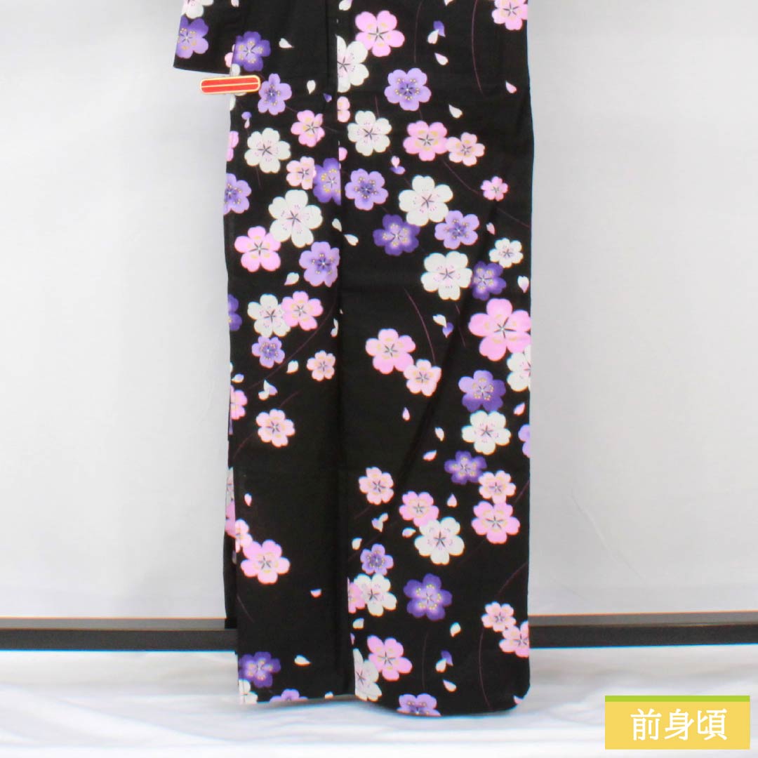 Cotton Yukata, Length 166.5cm, Sleeve Length 62.5cm, S Rank, Single Layer, Black, Cherry Blossom Design, 1118005932510