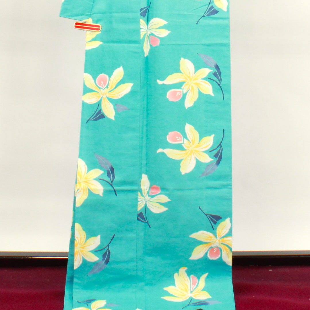 浴衣 水浅葱色 鬼灯 木綿 Sランク 単衣 身丈175.5cm 裄丈70.5cm 水色系 1118003022824