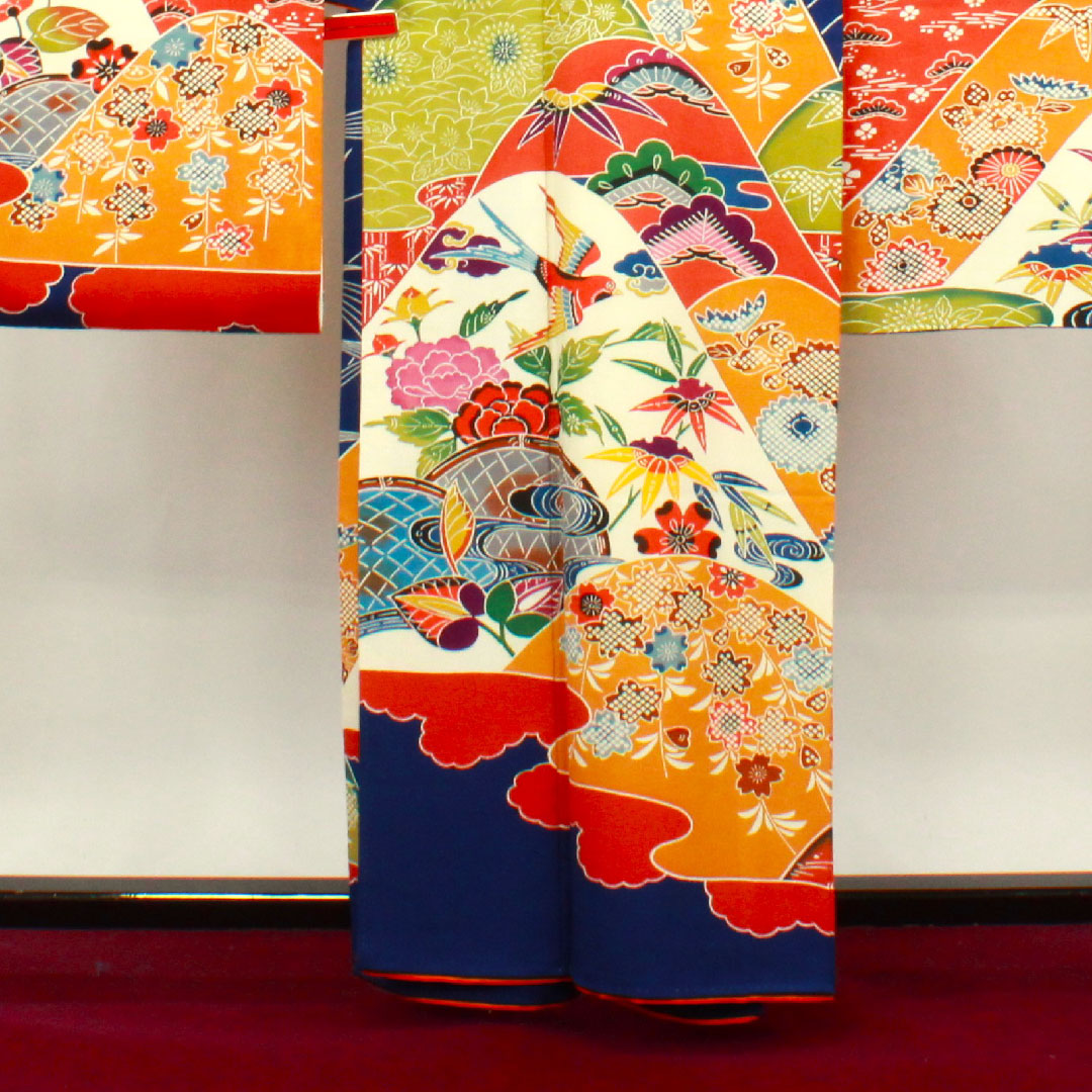 振袖 身丈160cm 裄丈65cm 袷  瑠璃色 京紅型 吉祥文様  正絹 Aランク 紺系 1113001753418