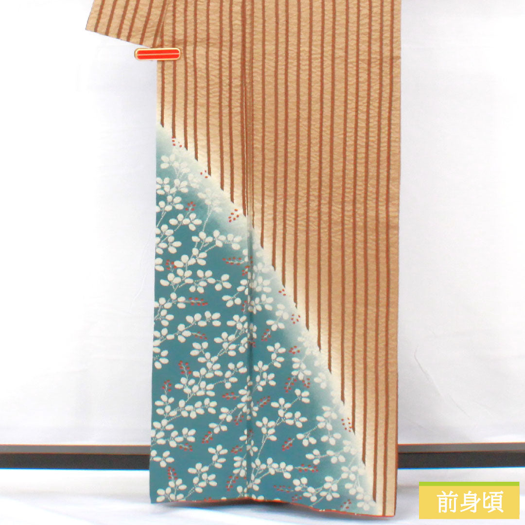 Homongi, pure silk, lined, length 165cm, sleeve length 63cm, earth color, stripes, bush clover, A rank, brown, 1112005743514