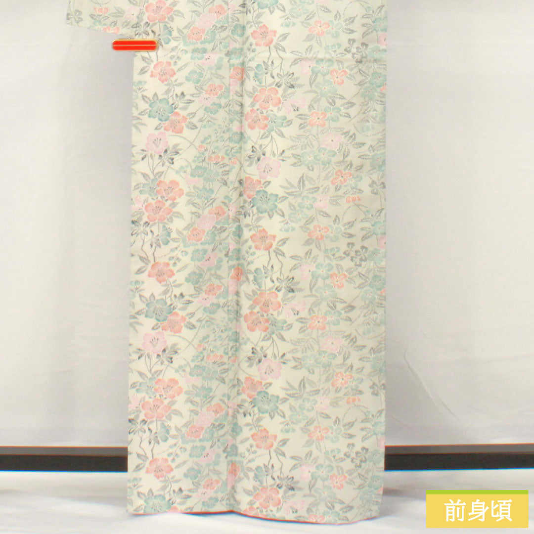 小紋 ポリエステル 身丈165cm 裄丈66cm 袷 胡粉色（ごふんいろ） 洗える着物 草花模様 Aランク グレー系 1115004513522