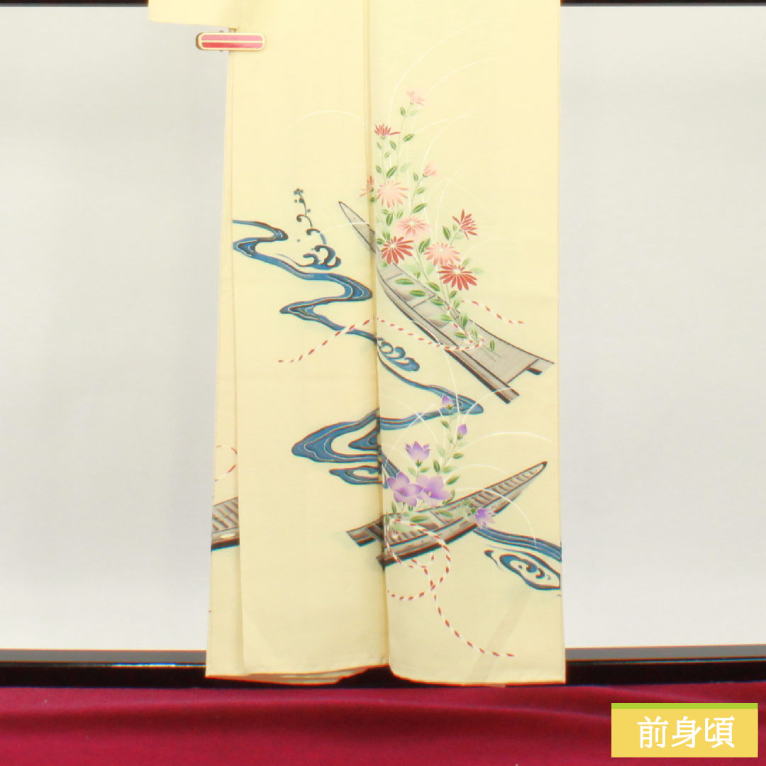 Homongi, pure silk, lined, length 156cm, sleeve length 61.5cm, light egg color, Kyo-Yuzen, A rank, cream color, 1112004563315