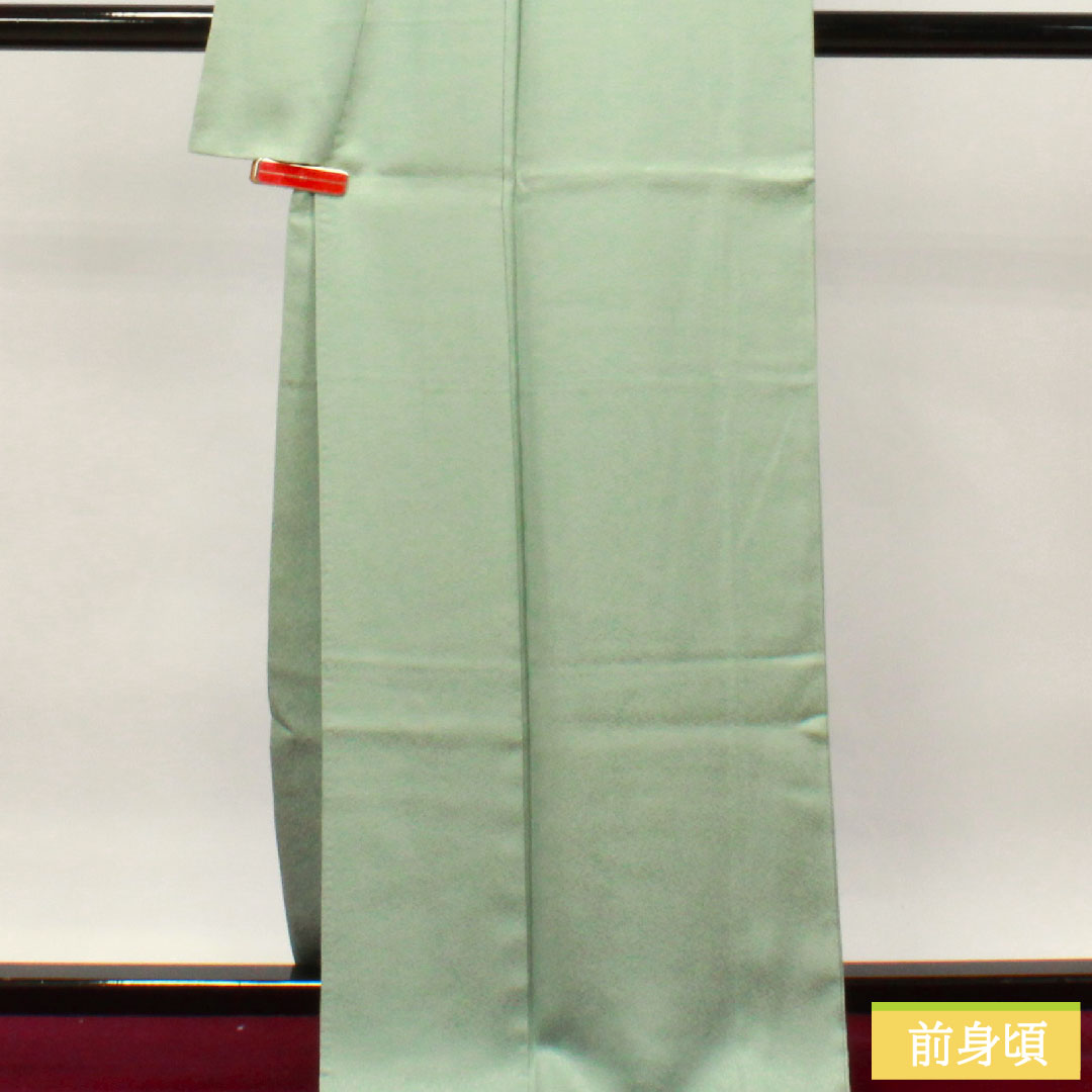 Plain color, pure silk, length 166.5cm, sleeve length 65.5cm, white-green, one pull within a snowflake, by Tatsuo Hyakukan, Kaga Yuzen artist, lined, S rank, green, 1114001142519