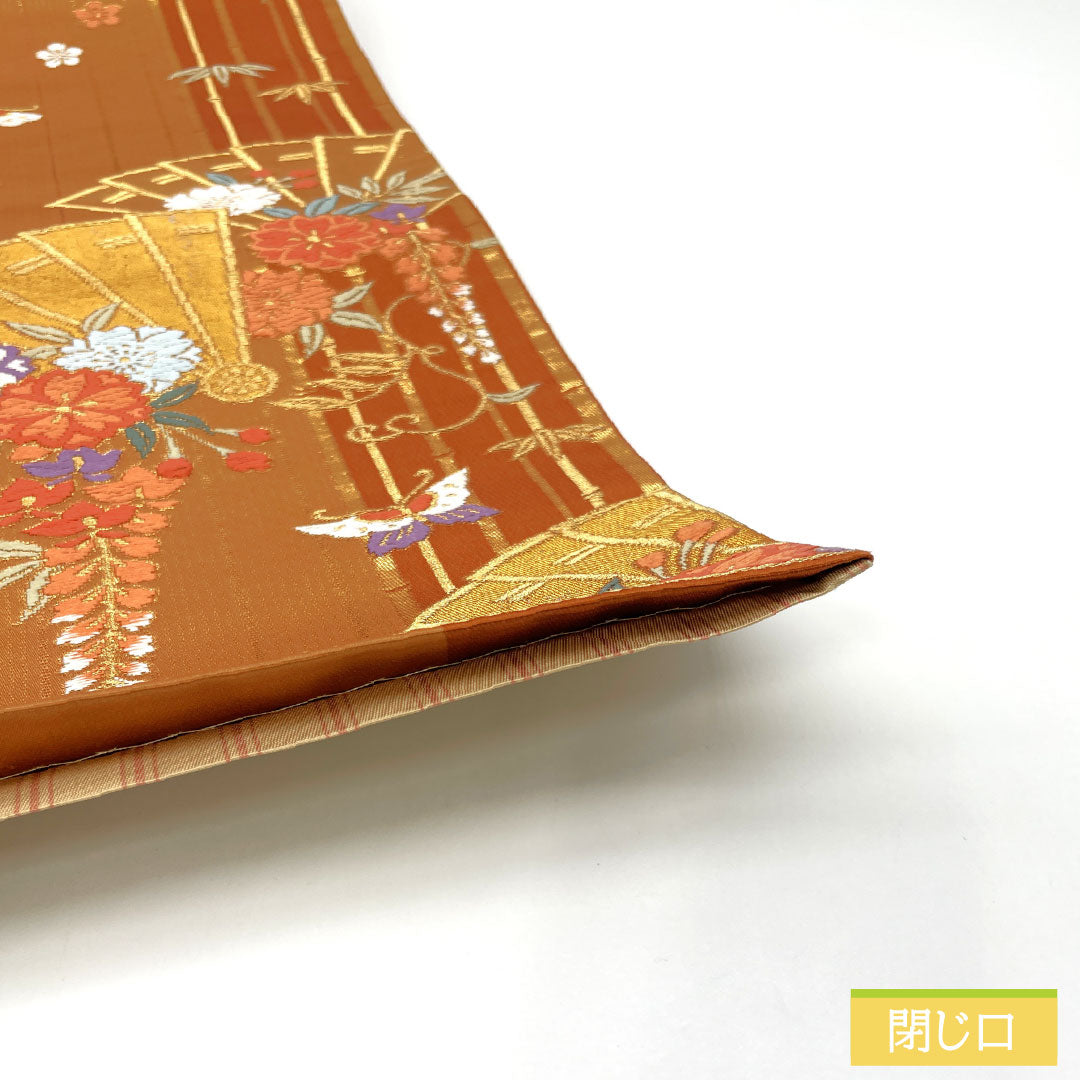 袋帯 正絹 Sランク 丹色（にいろ） 西陣織 扇面 藤 菊 帯丈416cm 六通 セミフォーマル 朱系 1123017192316