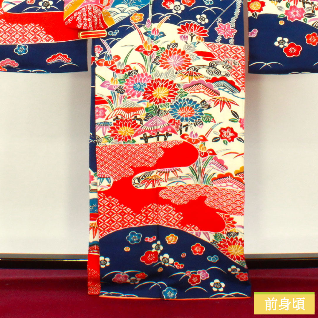 Furisode, pure silk, length 165cm, sleeve length 66cm, lined, lapis lazuli color, Kyoto Bingata, auspicious motif, A rank, navy blue, 1113002053518