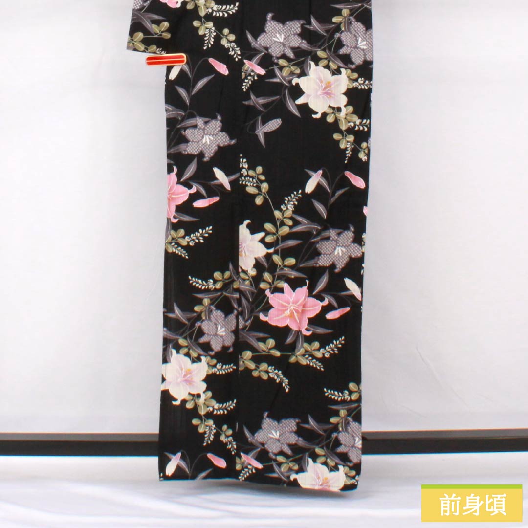 浴衣 木綿 身丈161.5cm 裄丈62cm Sランク 単衣 黒系 百合 萩 1118005512410