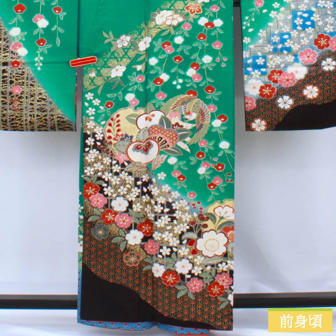 振袖 正絹 Aランク 身丈161cm 裄丈63.5cm 袷 真鴨色（まかもいろ） 吉祥文様 鳳凰 梅 桜 橘 緑系 1113002253419