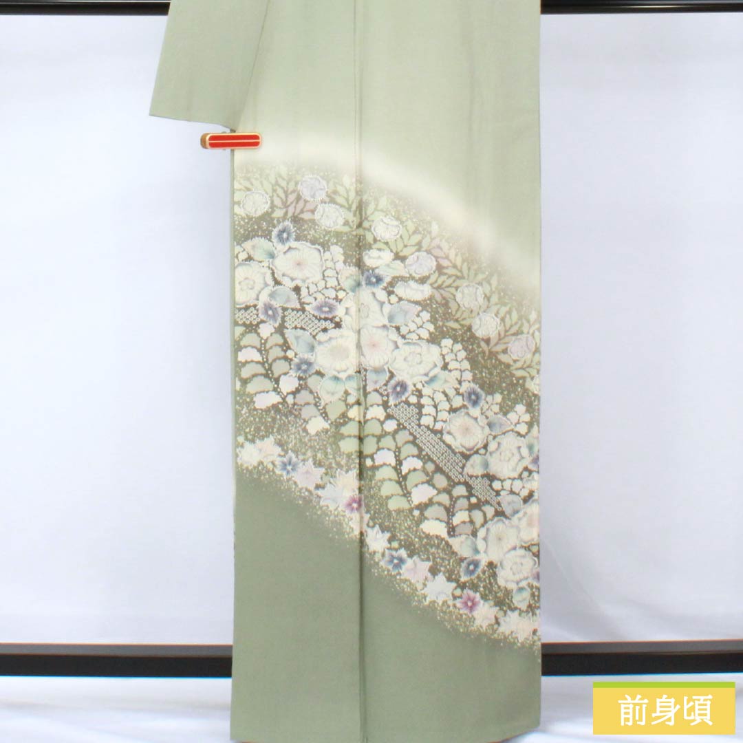 訪問着 正絹 Aランク 袷 身丈163cm 裄丈65.5cm 龍泉青瓷釉色（ロンチュエンチンツーユースーいろ） 京友禅 一つ紋 丸に梅鉢 縫い紋 辻ヶ花 緑系 1112006413419