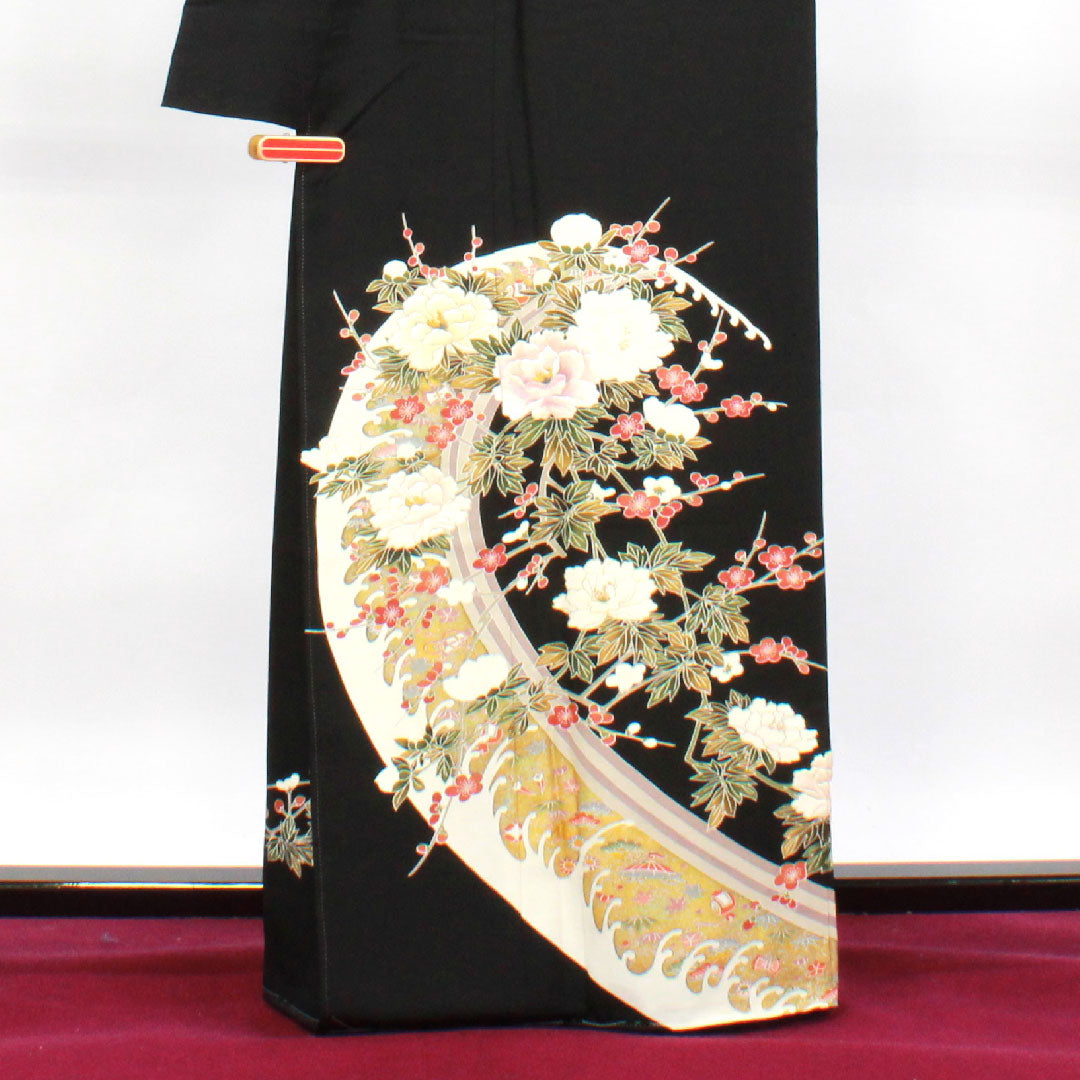 Black Tomesode, Length 163cm, Sleeve Length 67cm, Lined, Kyoto Yuzen, Embroidery, Five Gourds and Different Hawk Feathers, Thread Attached, Unused, Pure Silk, S Rank, Five Crests, Black, 1111001142410