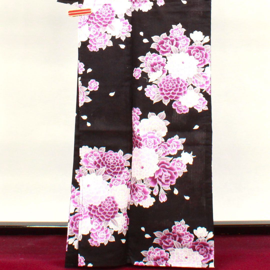 浴衣 菊 薔薇 木綿 Sランク 単衣 身丈165.5cm 裄丈66.5cm 黒系 1118001372510