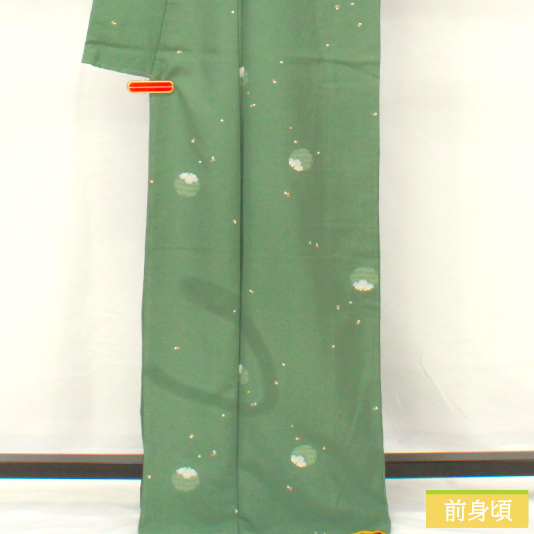 小紋 ポリエステル 身丈166.5cm 裄丈67cm 袷 千種色（ちぐさいろ） 洗える着物 雪輪 花びら散らし しつけ糸付き Sランク 緑系 1115004832519