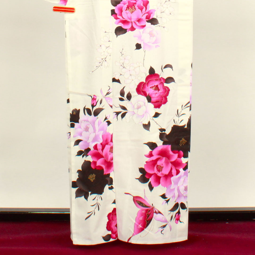 浴衣 蝶 薔薇 山本寛斎 Kansai 木綿 Sランク 単衣 身丈162.5cm 裄丈68.5cm 白系 1118001842411