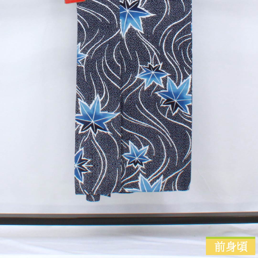 Cotton Yukata, Length 144.5cm, Sleeve Length 68.5cm, S Rank, Single Layer, Navy Blue, Flowing Water and Autumn Leaves Design, Item Number: 1118006312118
