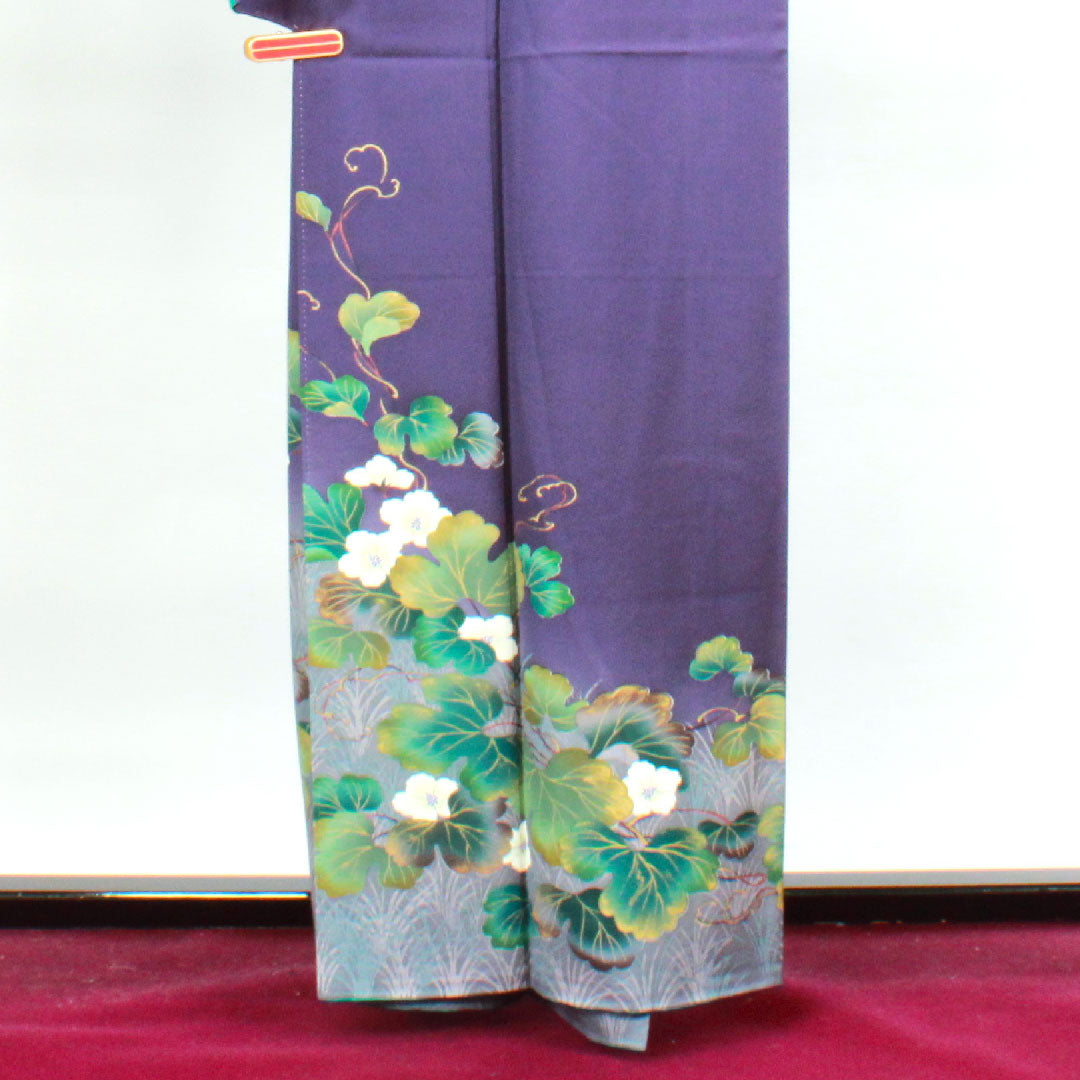 Homongi, pure silk, lined, length 159.5cm, sleeve length 67cm, scarlet, Nakamura Nobuo, floral pattern, artist's work, bellflower with three scales, S rank, purple, 1112002782320
