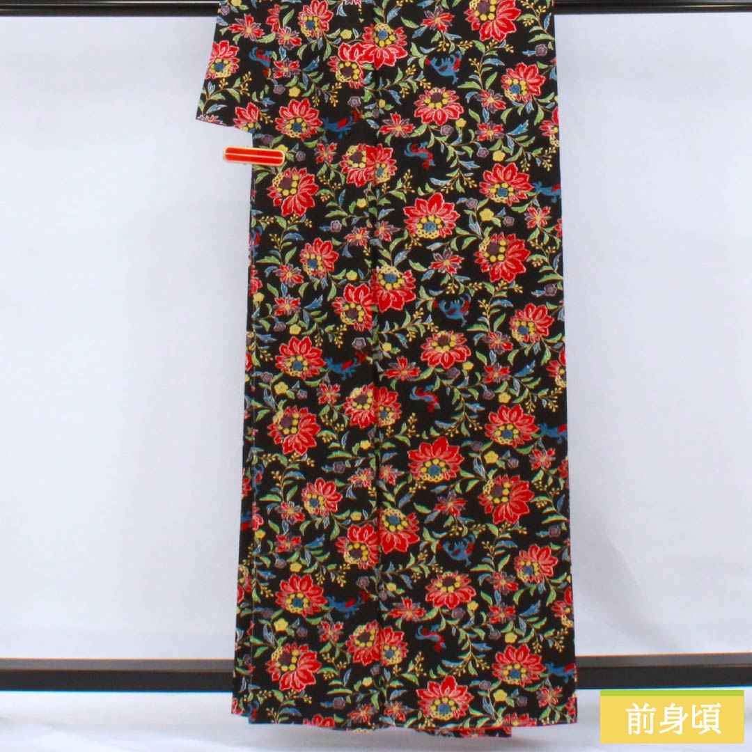 小紋 正絹 Aランク 身丈160.5cm 裄丈66cm 袷 洋花 鳥 しつけ糸付き 黒系 1115007073410