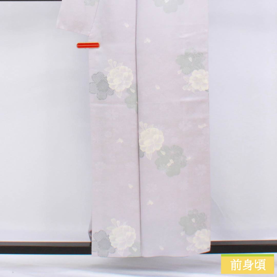 Komon (small pattern) kimono, pure silk, length 156cm, sleeve length 66cm, lined, hazy color (kasumi-iro), stencil-dyed, cherry blossom and camellia motifs, Kirara Guard, S rank, purple, 1115006192320