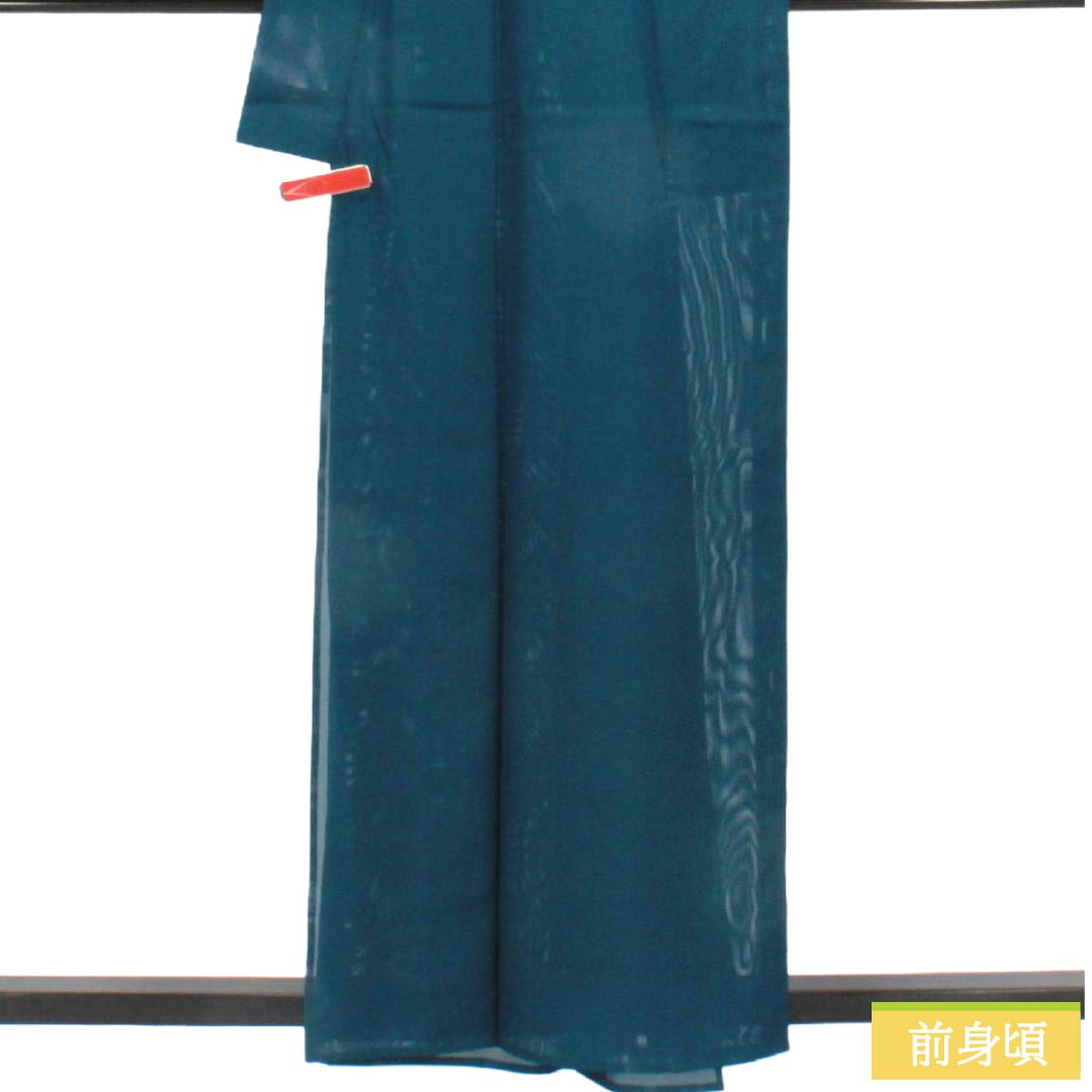 夏物 ポリエステル 色無地 Sランク 身丈159cm 裄丈65.5cm 高麗納戸色（こうらいなんどいろ） 洗える着物 素無地 絽 緑系 1132005732319