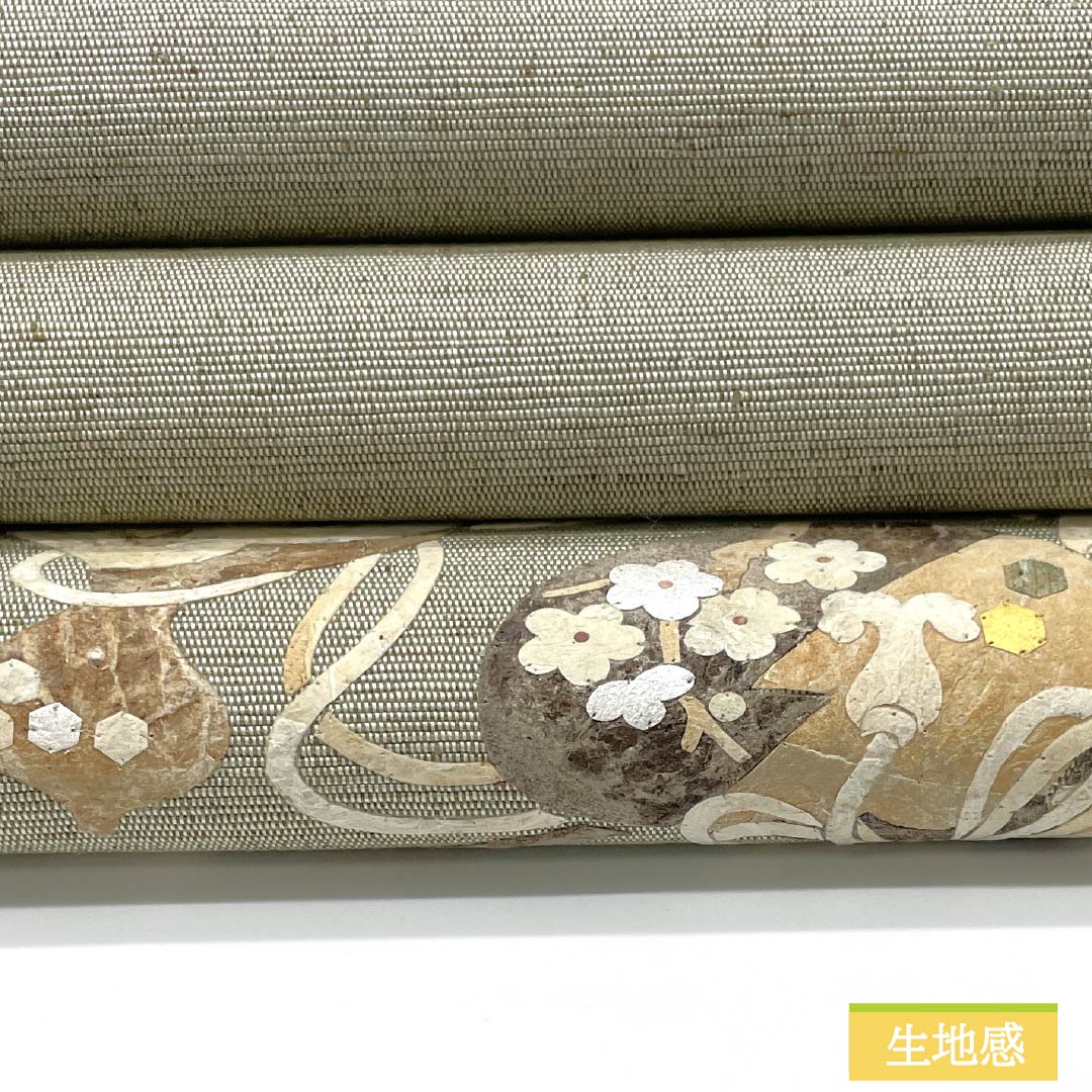 名古屋帯 灰緑色（はいみどりいろ） 作家物 みのむし ぜんまい 帯丈385cm 正絹 Sランク ポイント柄 カジュアル 緑系 1124007062419 松葉仕立て