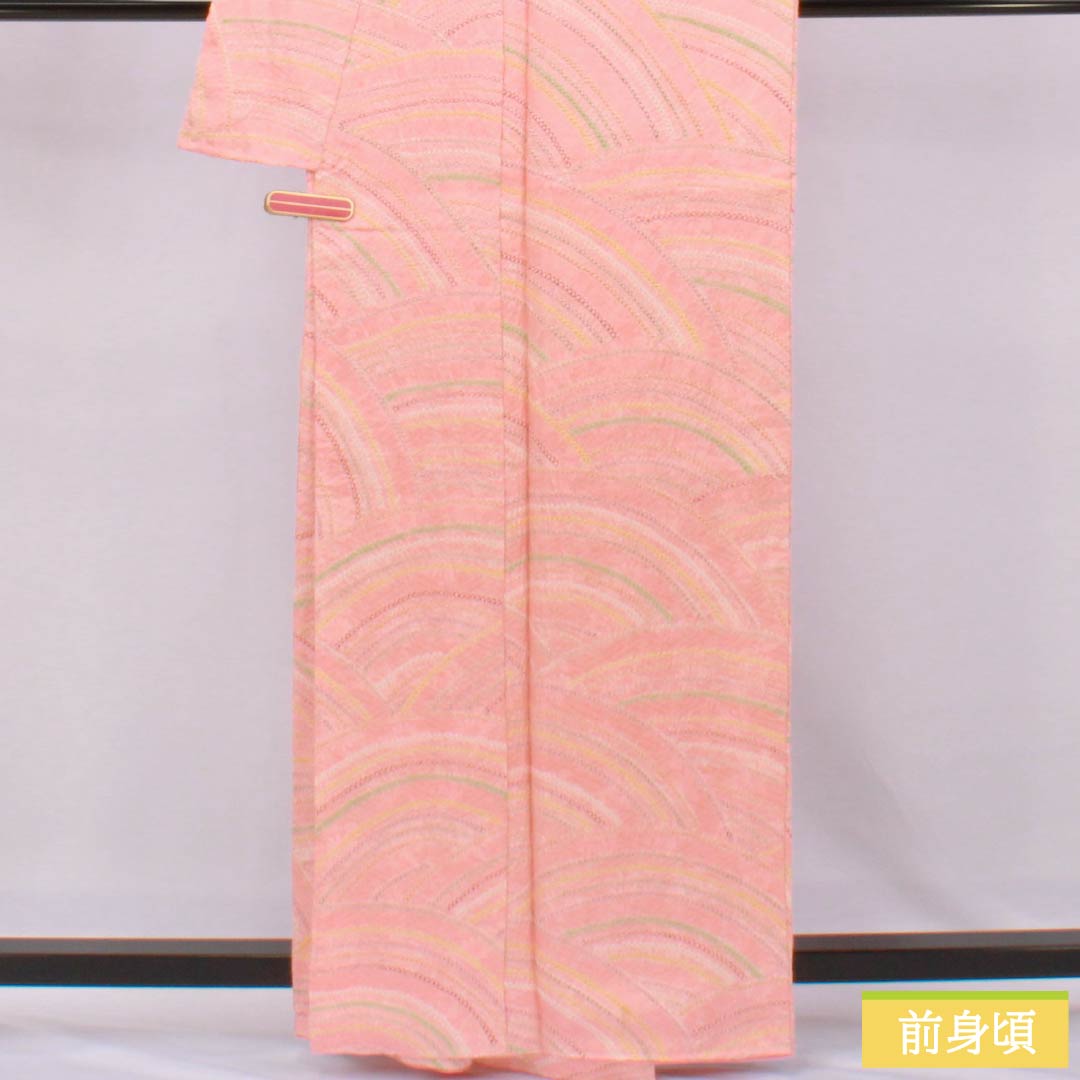 小紋 正絹 Aランク 身丈163cm 裄丈65.5cm 袷 鴇色（ときいろ） 絞り 青海波 ピンク系 1115007103413