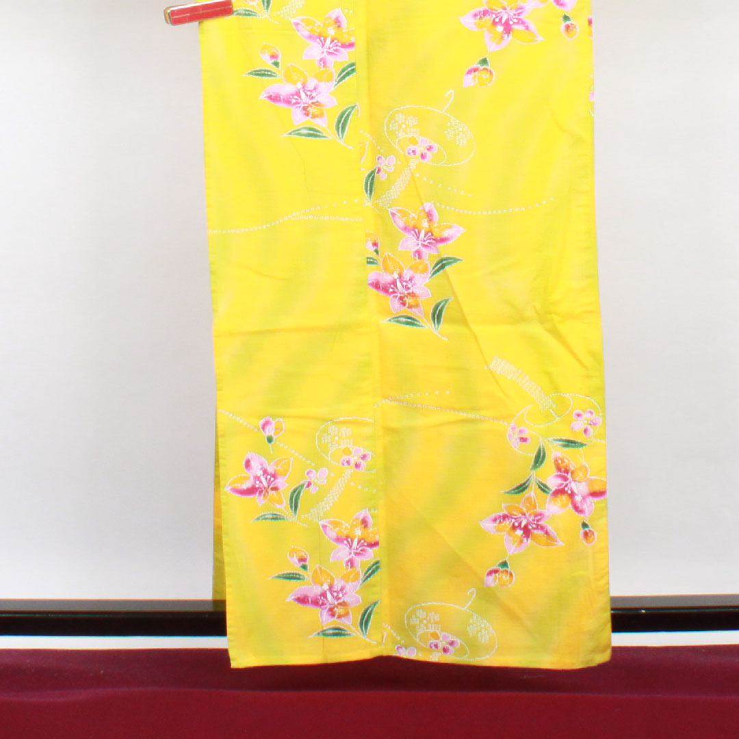 浴衣 向日葵色 風鈴 花模様 木綿 Aランク 単衣 身丈161.5cm 裄丈69cm 黄系 1118001033423