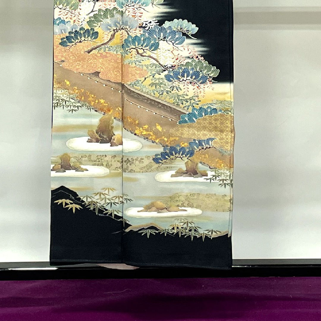 黒留袖 身丈152cm 裄丈63cm 袷 作家物 京友禅 石庭模様 桔梗 正絹 Aランク 五つ紋 黒系 1111000923210