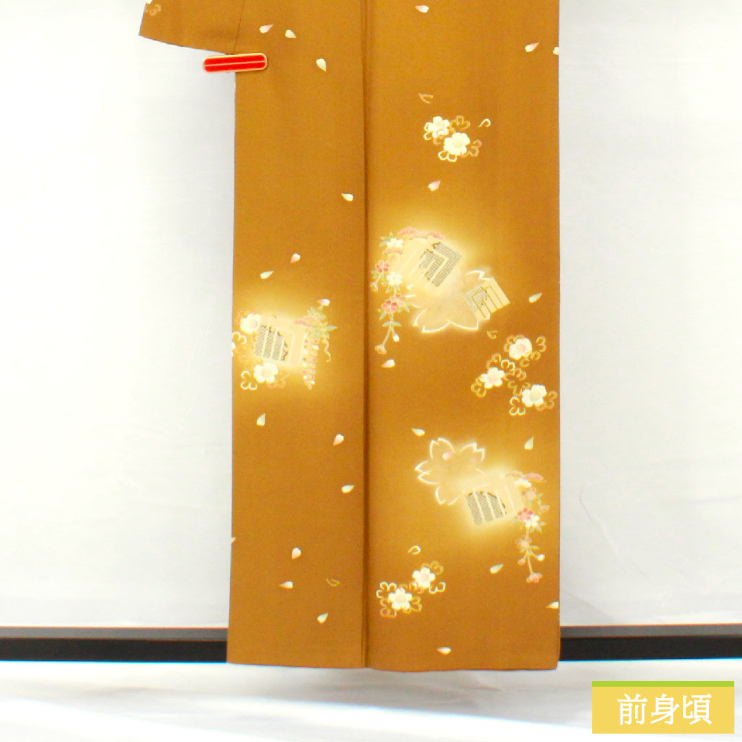 訪問着 正絹 袷 身丈156cm 裄丈66.5cm 木蘭色（もくらんじき） 桜 源氏香 パールトーン加工 Aランク 黄系 1112005433323