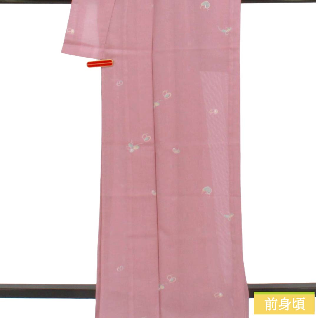 夏物 ポリエステル 小紋 Aランク 身丈164.5cm 裄丈65cm 帯紅色（たいこうしょく） 洗える着物 抽象模様 絽 ピンク系 1132006093413