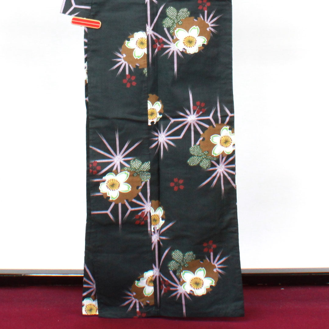 浴衣 雪輪 桜 麻の葉 木綿 Sランク 単衣 身丈164.5cm 裄丈64cm 黒系 1118002212410