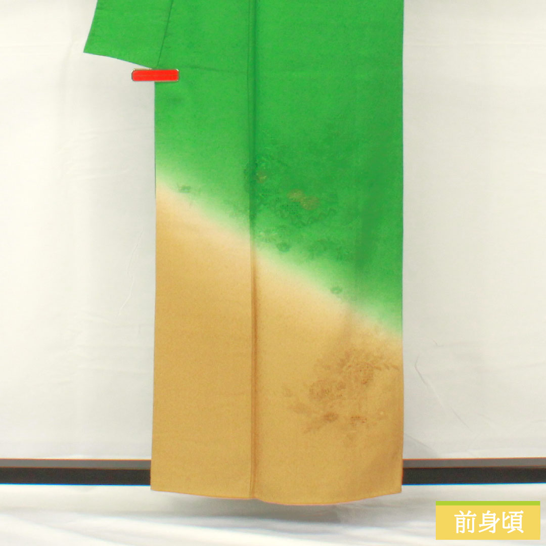 リサイクル着物】訪問着 正絹 袷 身丈157.5cm 裄丈62.5cm 草緑色（くさ