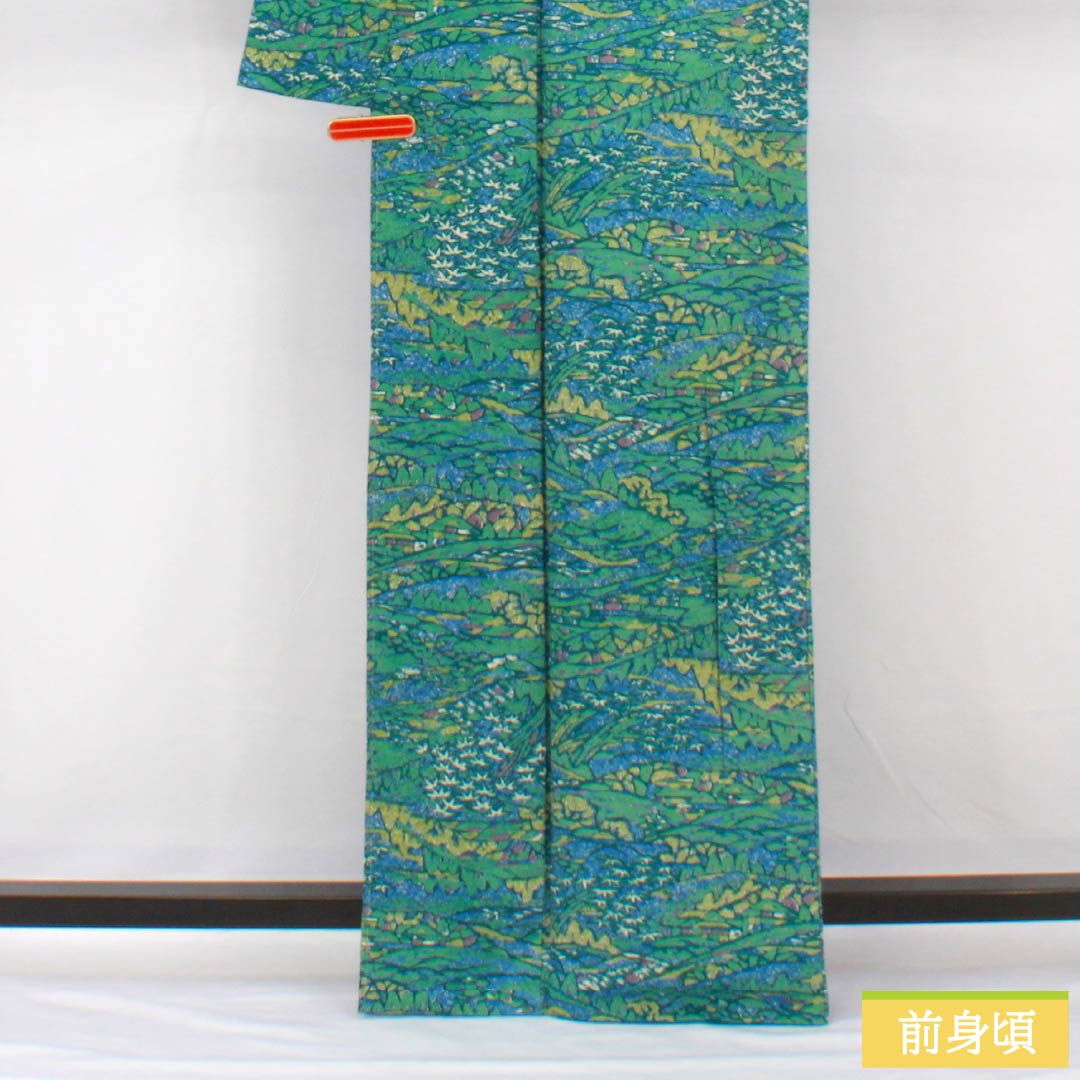 小紋 正絹 身丈164.5cm 裄丈68cm 袷 露草色（つゆくさいろ） 型染 風景絵画調 しあわせガード Sランク 青系 1115005422417