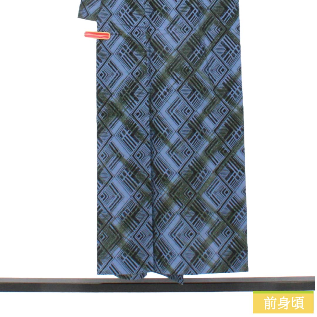 メンズ浴衣 木綿 Aランク 身丈151.5cm 裄丈72cm 青藤色（あおふじいろ） 幾何学模様 居敷当て付き 単衣 青系 1138001093517