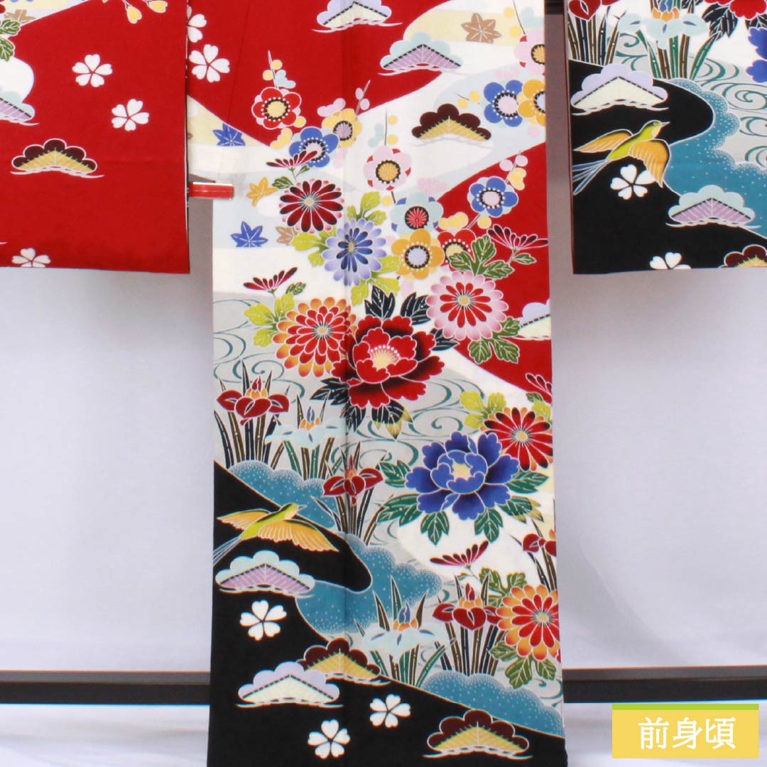 振袖 正絹 Sランク 身丈166.5cm 裄丈65.5cm 袷 真紅色（しんくいろ） 吉祥文様 牡丹 菊 梅 桜 赤系 1113002212512