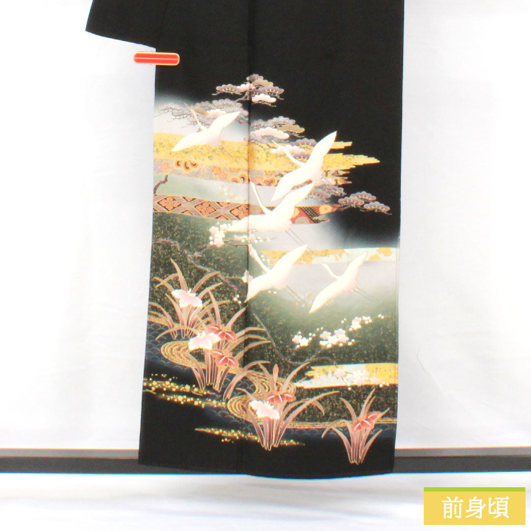 Black formal kimono, pure silk, length 156cm, sleeve length 65cm, lined, Kyoto Yuzen, crane, auspicious motif, five crests, ivy, A rank, black, 1111001753310