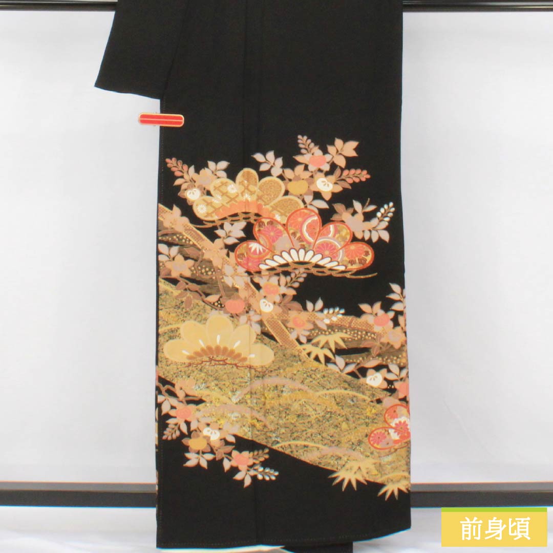 黒留袖 正絹 Aランク 身丈159cm 裄丈64cm 袷 京友禅 五つ紋 五三桐 吉祥文様 松 橘 五つ紋 黒系 1111002073310