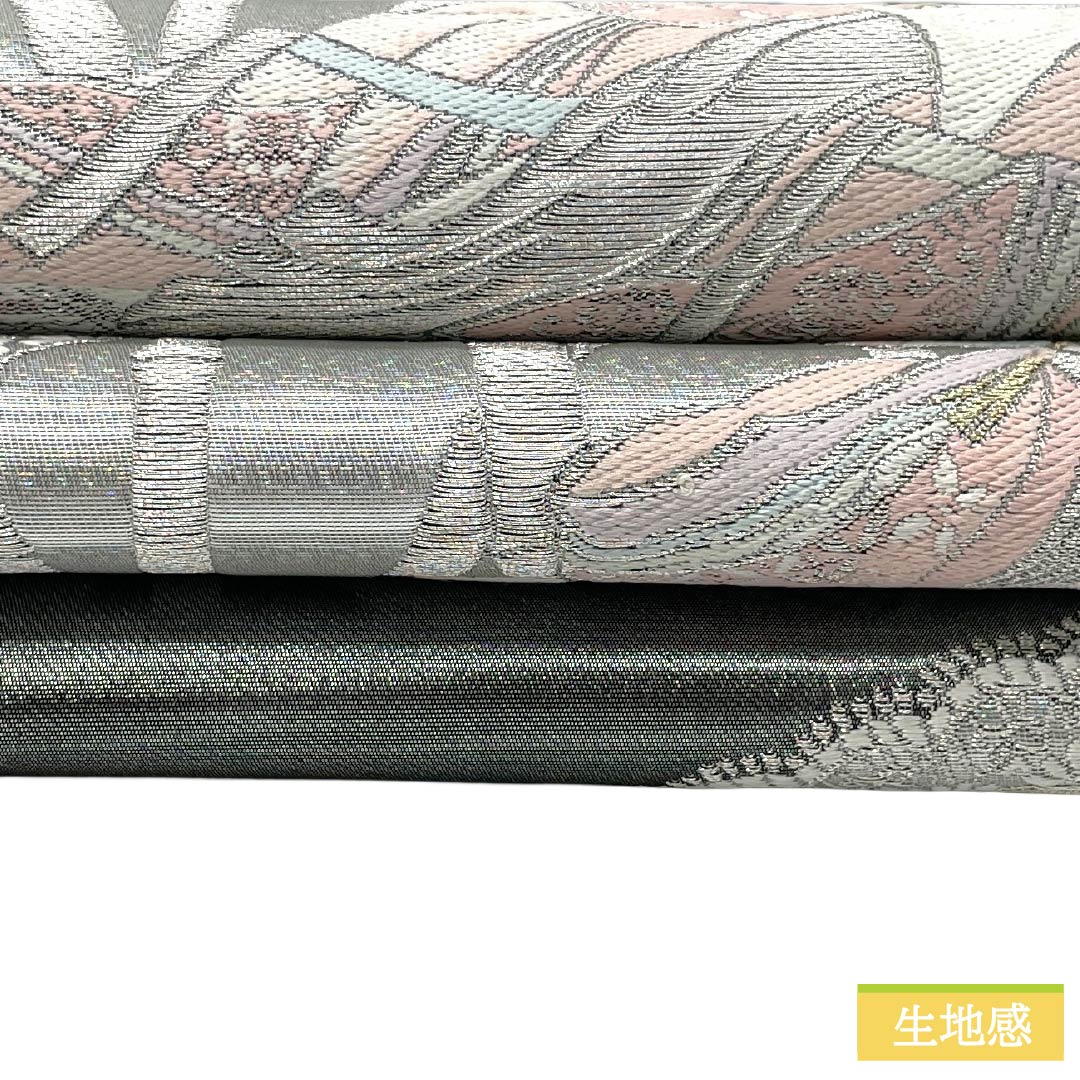 袋帯 正絹 Aランク 薄黒色（うすぐろいろ） 引箔 扇面 源氏物語  帯丈426cm 六通 セミフォーマル 銀系 1123018603322
