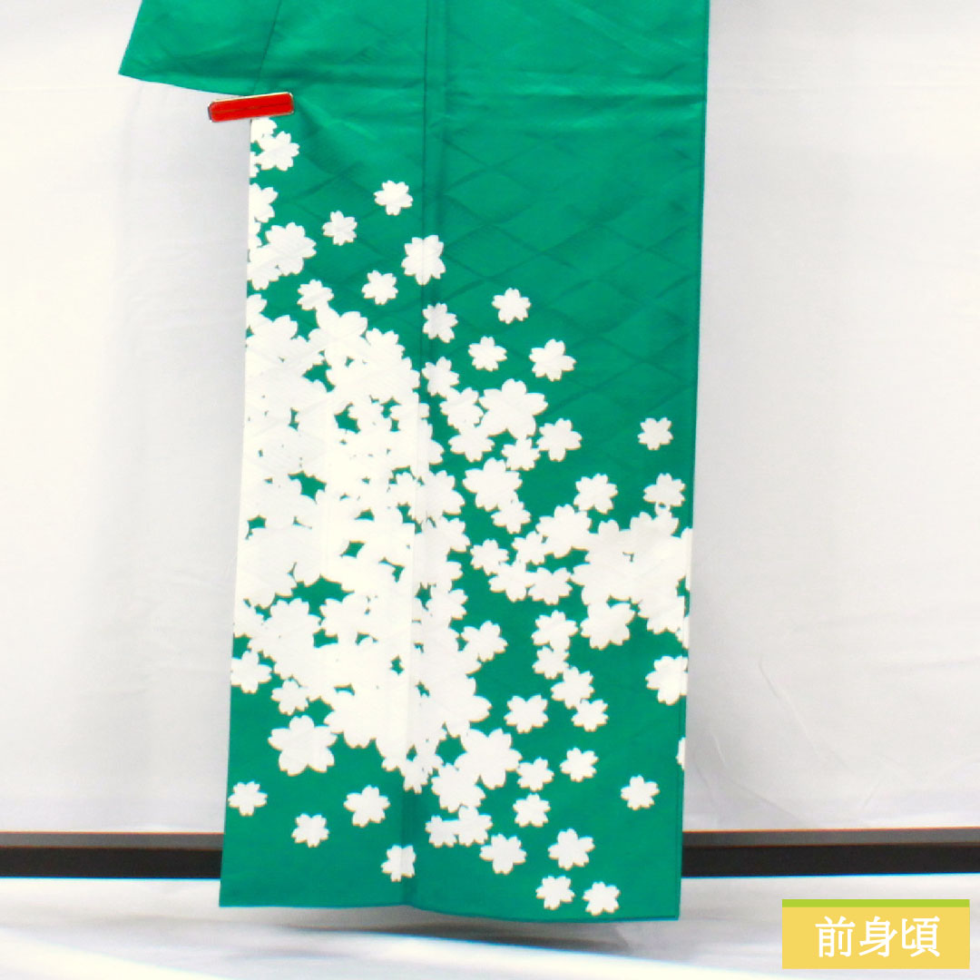 訪問着 ポリエステル 袷 身丈159cm 裄丈62cm 孔雀緑色（くじゃくりょくいろ） 洗える着物 桜 Sランク 緑系 1112005372319